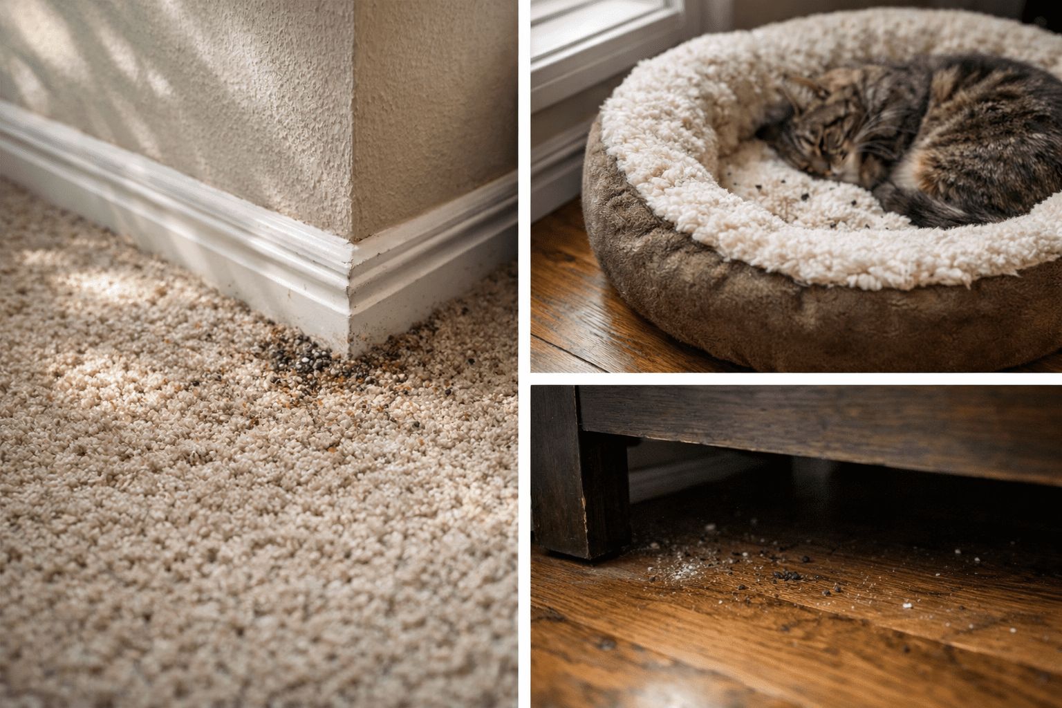 Home interior showing carpeted areas and pet bedding where fleas hide and develop indoors