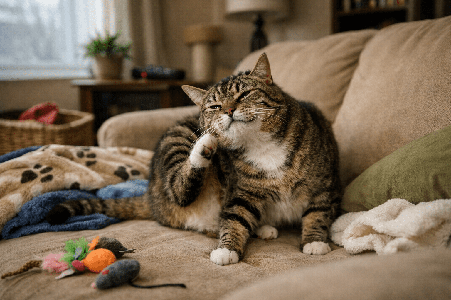 Cat scratching on furniture in home setting, showing flea infestation problem that needs treatment