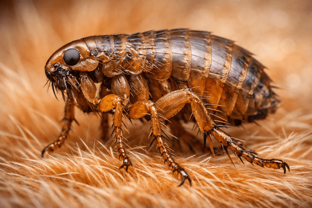 Detailed macro photograph of a flea on cat fur showing anatomical features and pest detail
