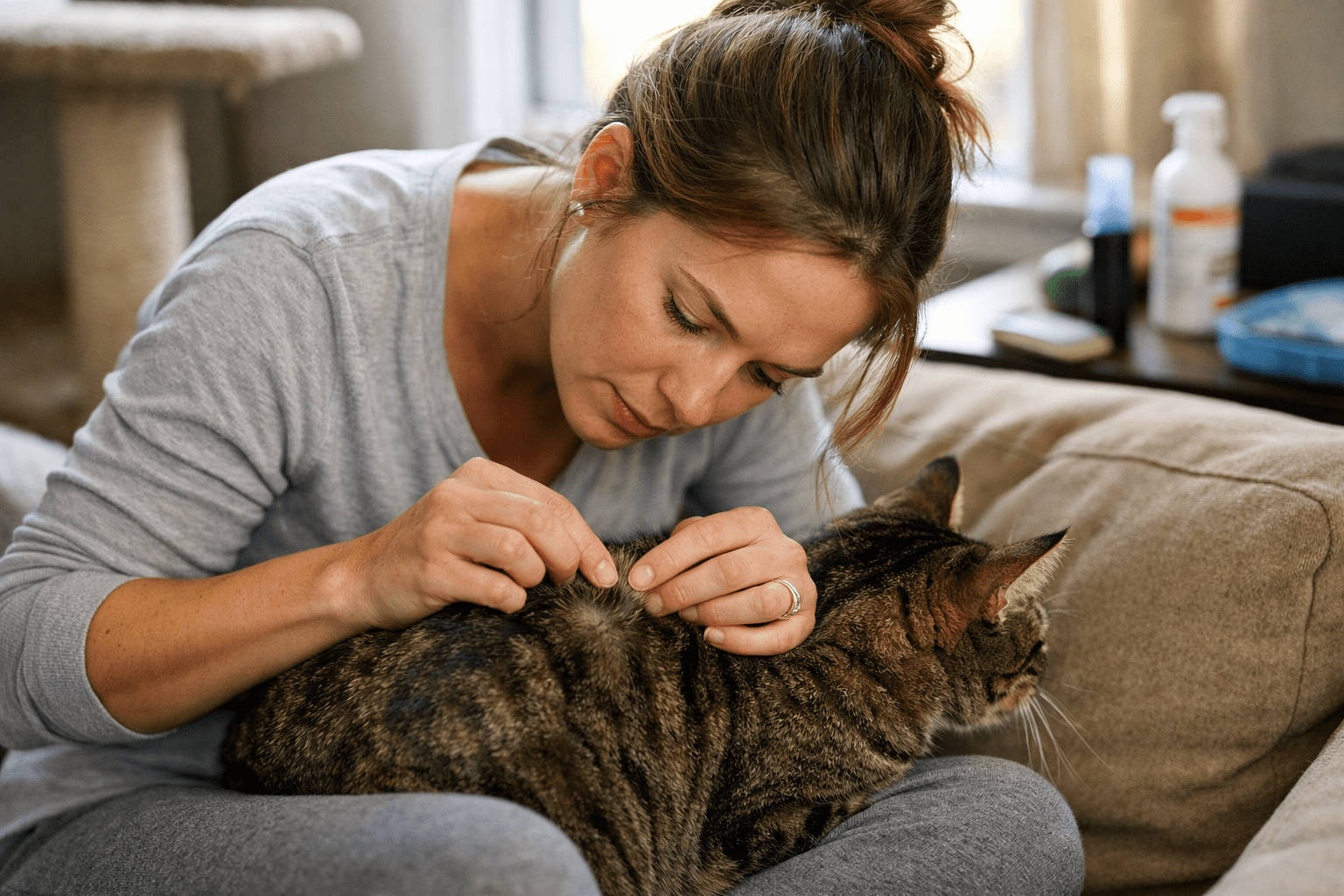 Pet owner inspecting cat's fur for fleas, demonstrating safe flea control and cat health monitoring
