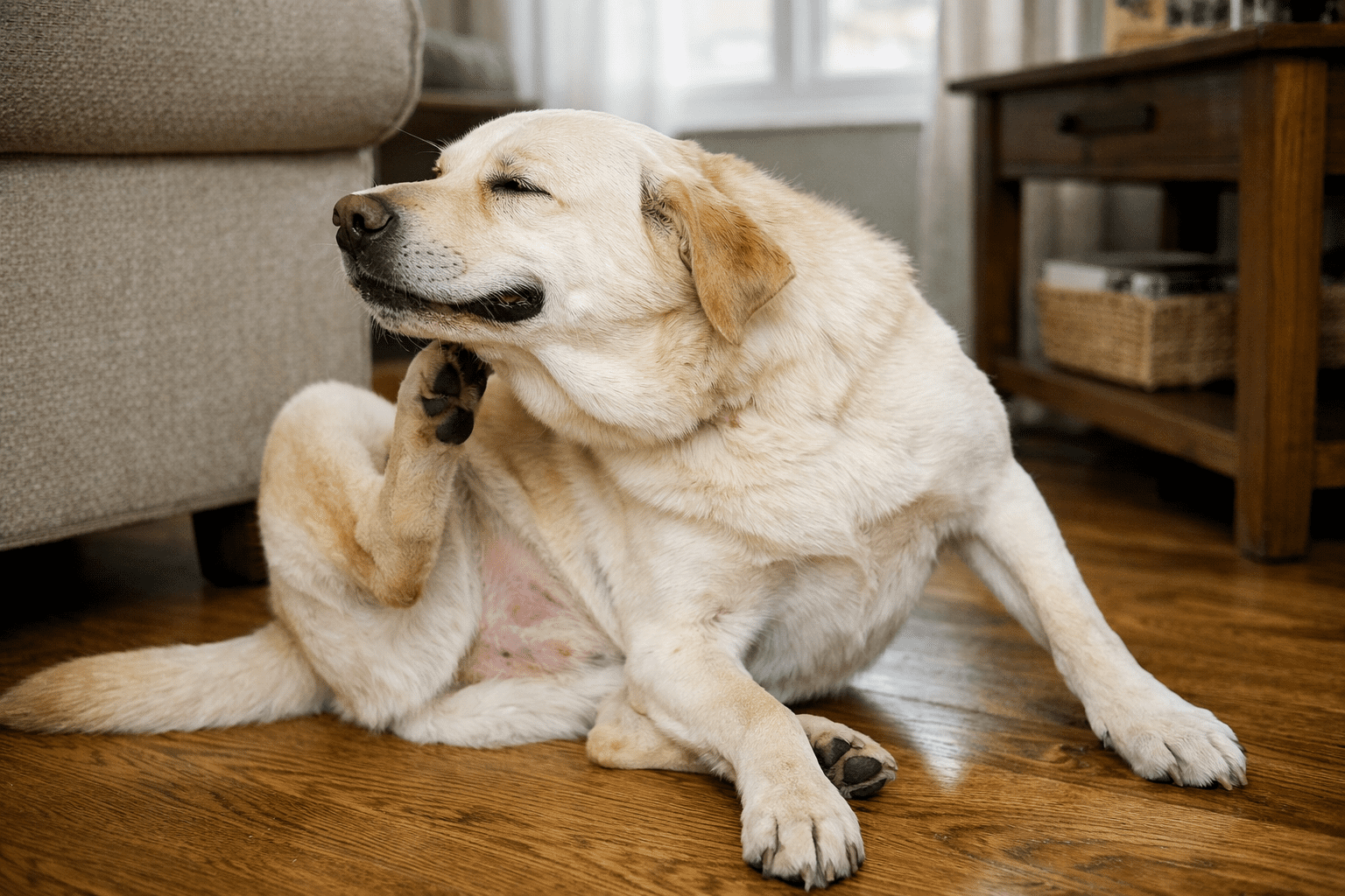 Dog scratching at fur indoors showing signs of flea infestation and discomfort