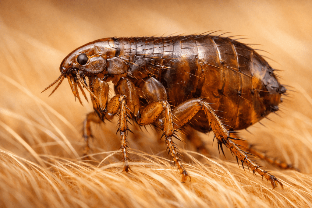 Macro close-up of a flea on dog fur showing detailed body structure and legs
