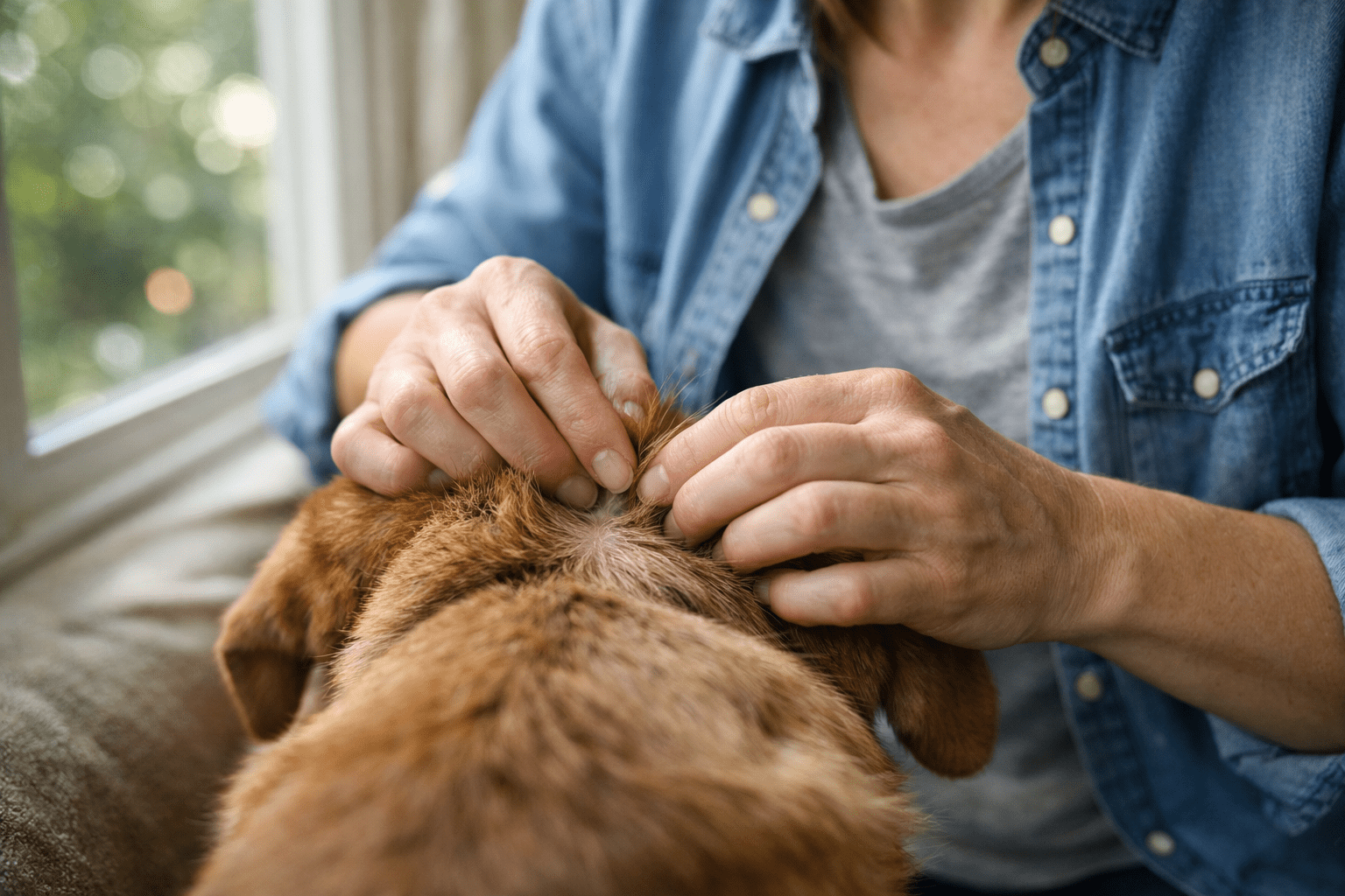 Dog owner inspecting pet's coat for fleas using practical examination technique