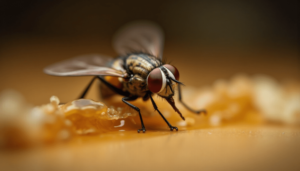 Close-up of a fly on sticky trap, highlighting details for effective fly control.