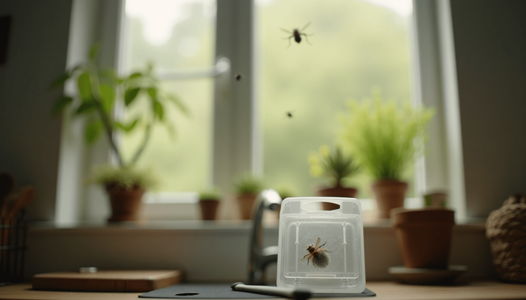 Kitchen scene with sticky traps, illustrating fly control in a home environment.