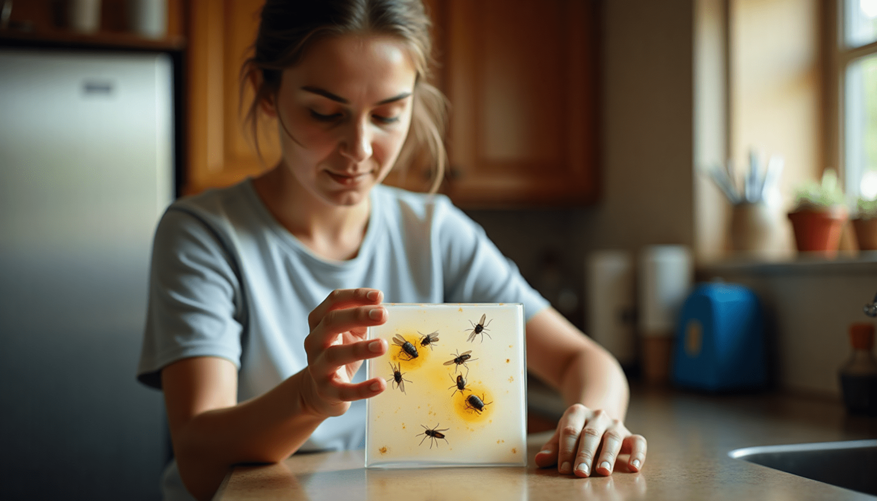 Person examining sticky trap, demonstrating practical pest management techniques.