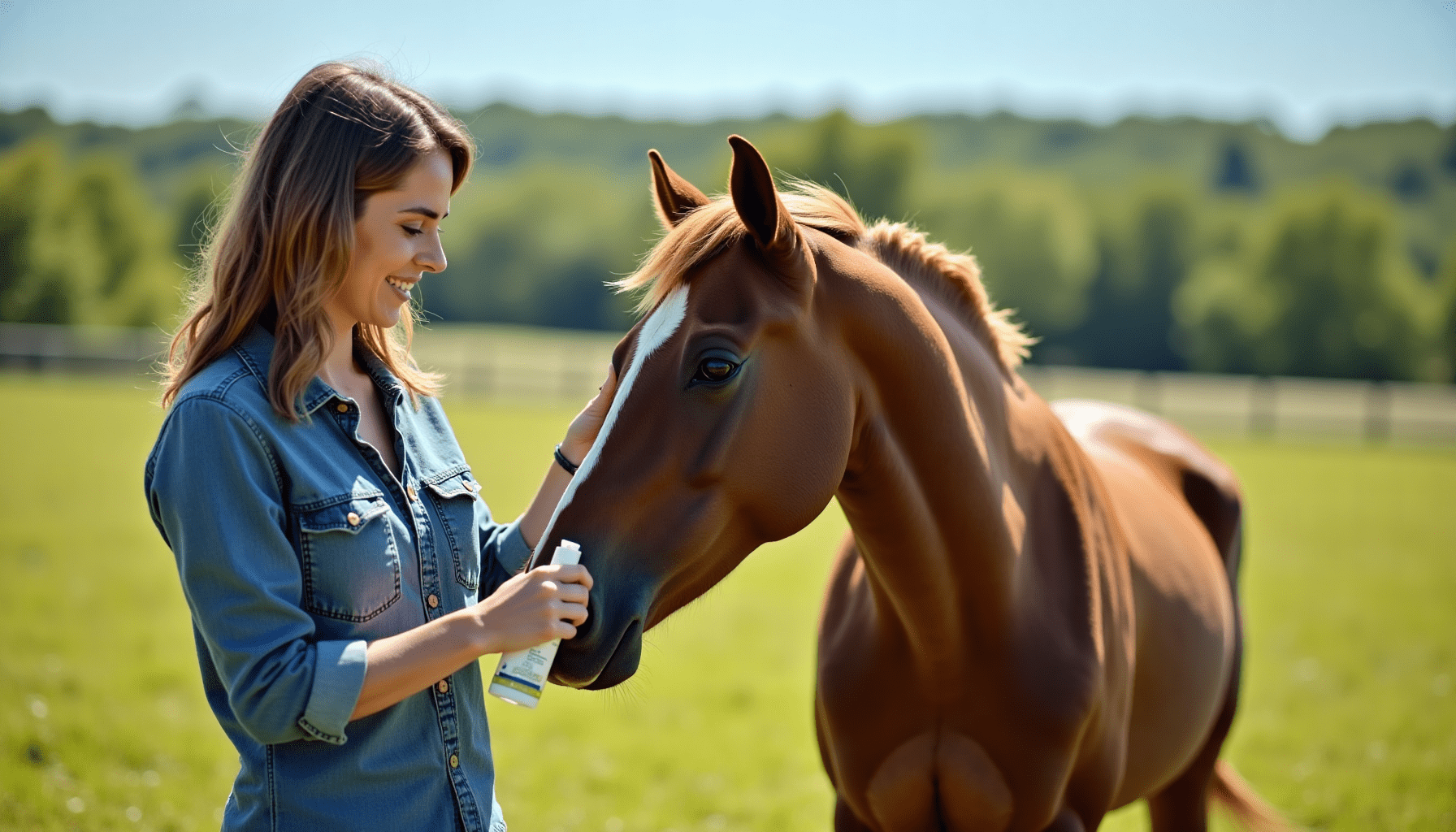 Person applying fly repellent spray on a horse in a sunny pasture, highlighting practical fly control methods.