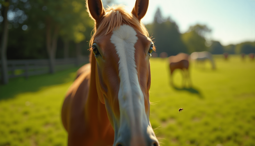 Close-up of a horse's face reacting to flies in a sunny pasture, highlighting details and natural surroundings.