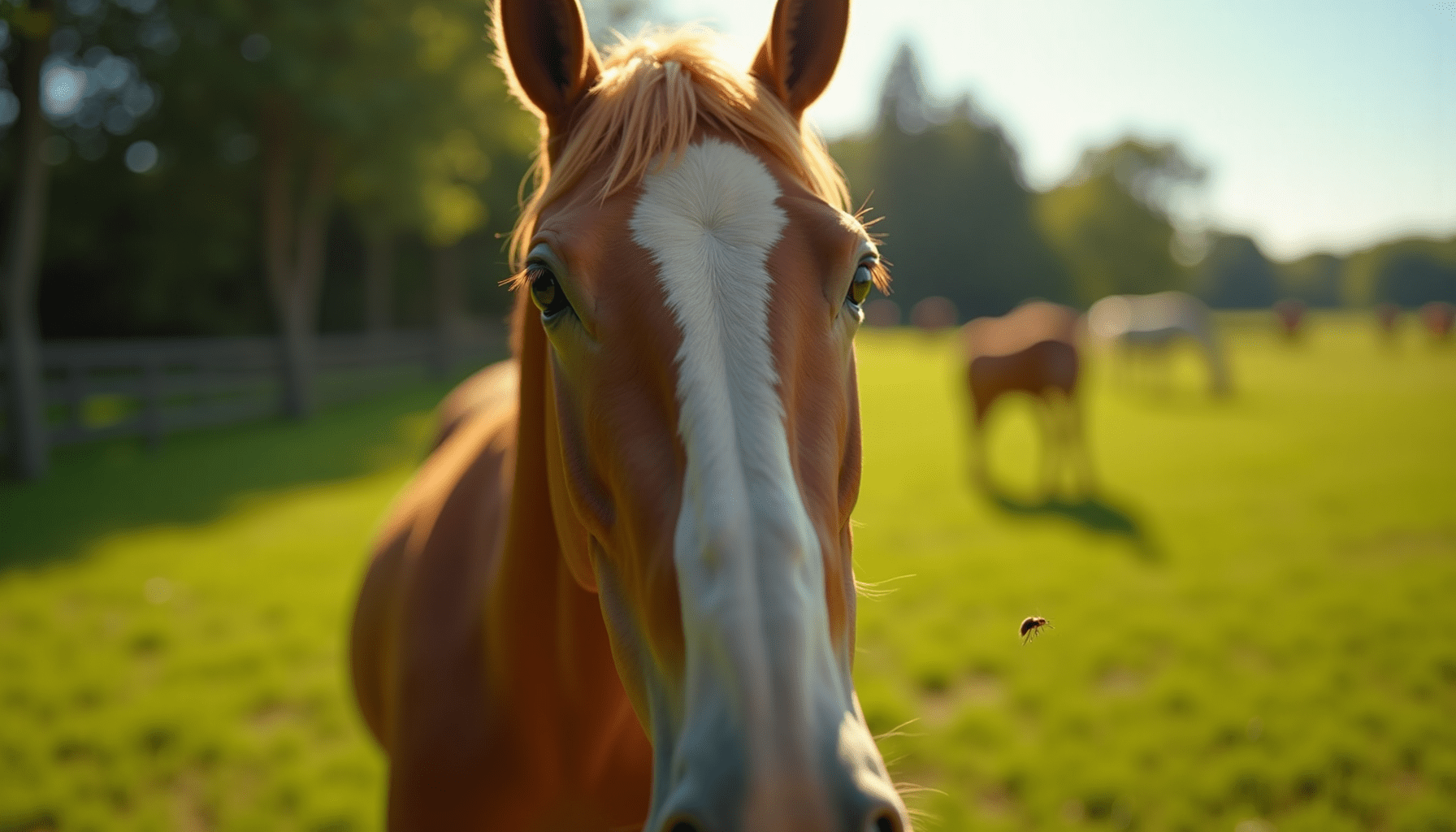 Close-up of a horse's face reacting to flies in a sunny pasture, highlighting details and natural surroundings.