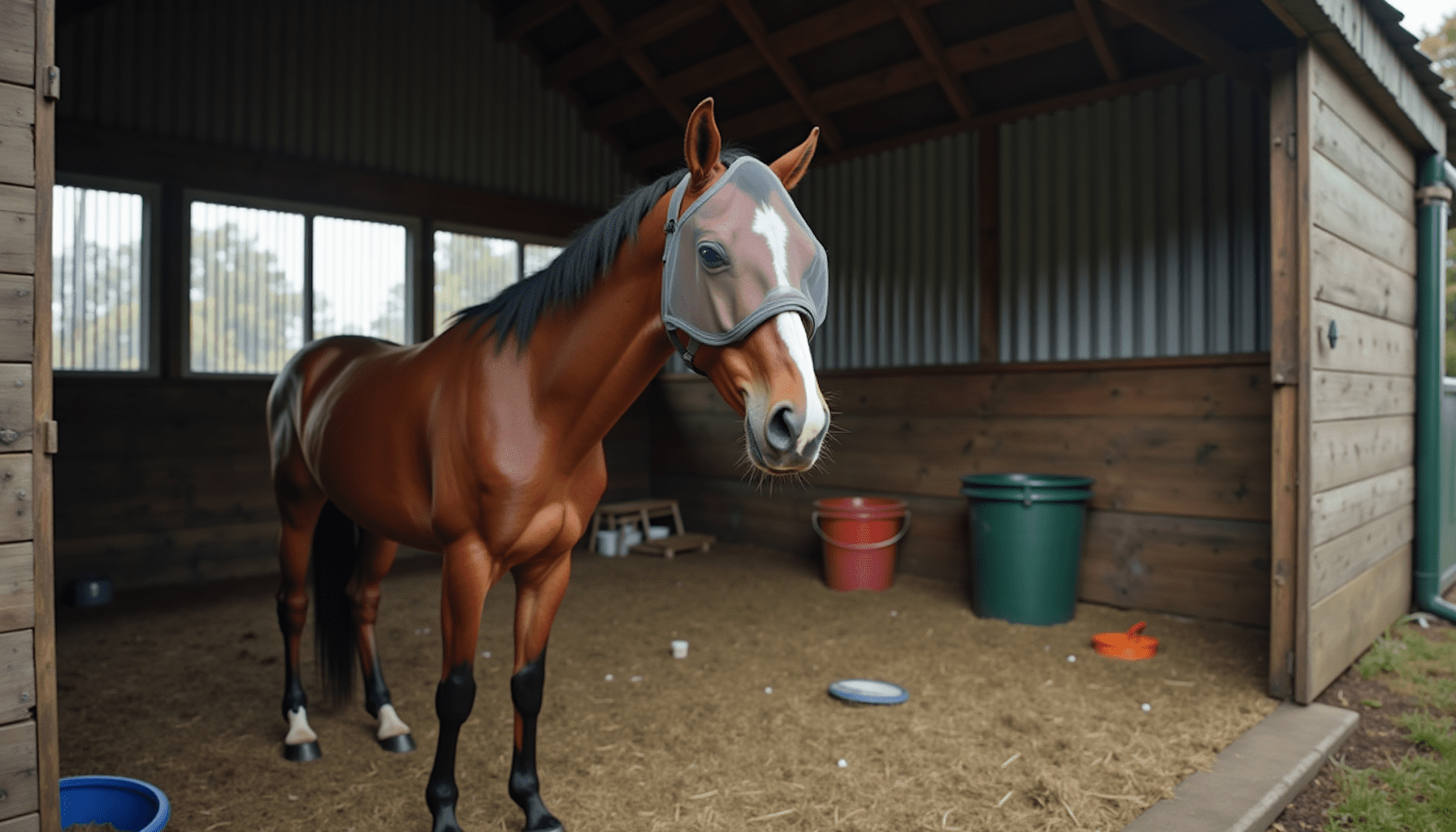 Stable scene with a horse and fly traps, illustrating the environment for effective fly control.