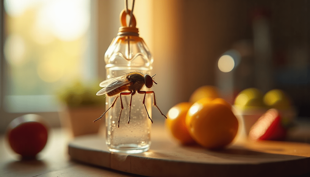 Close-up of a fruit fly on a sticky trap in a vibrant kitchen setting.