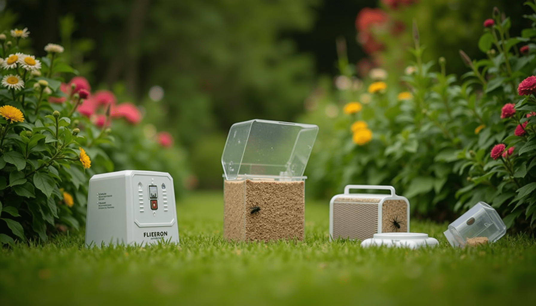 Outdoor scene featuring various fly traps set in a lush garden.
