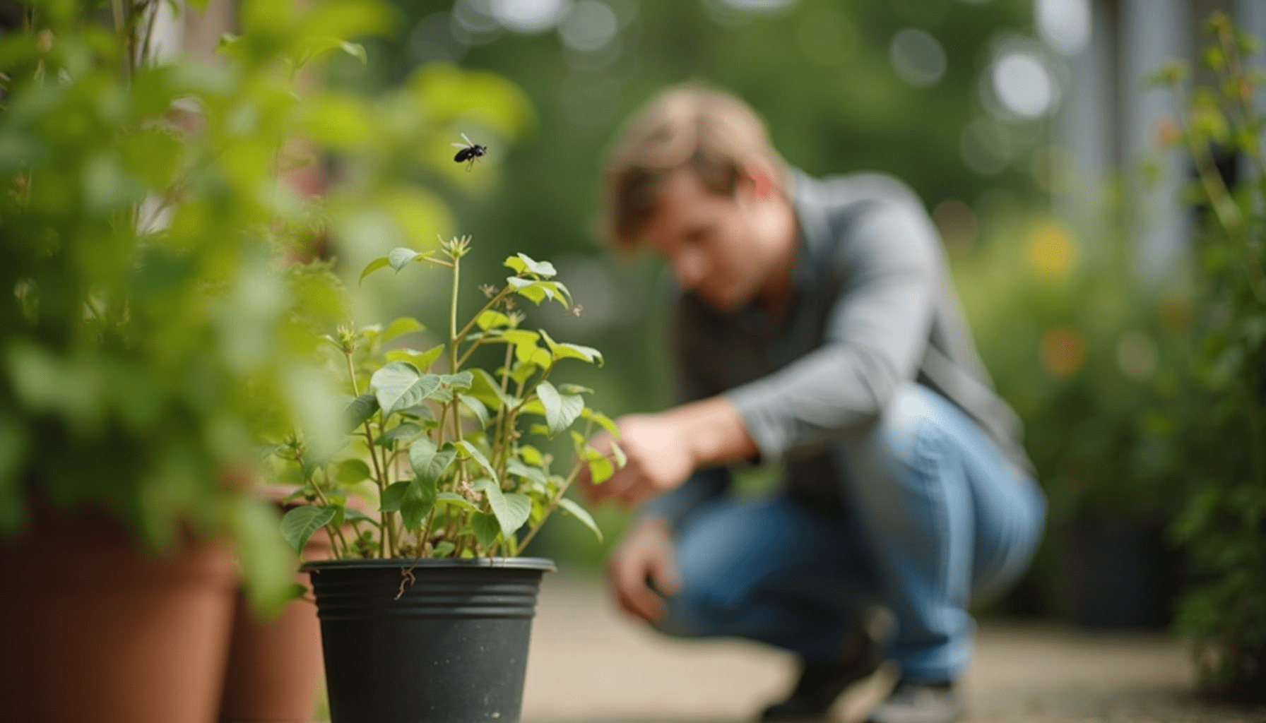 Person inspecting plants for flies in a backyard garden.