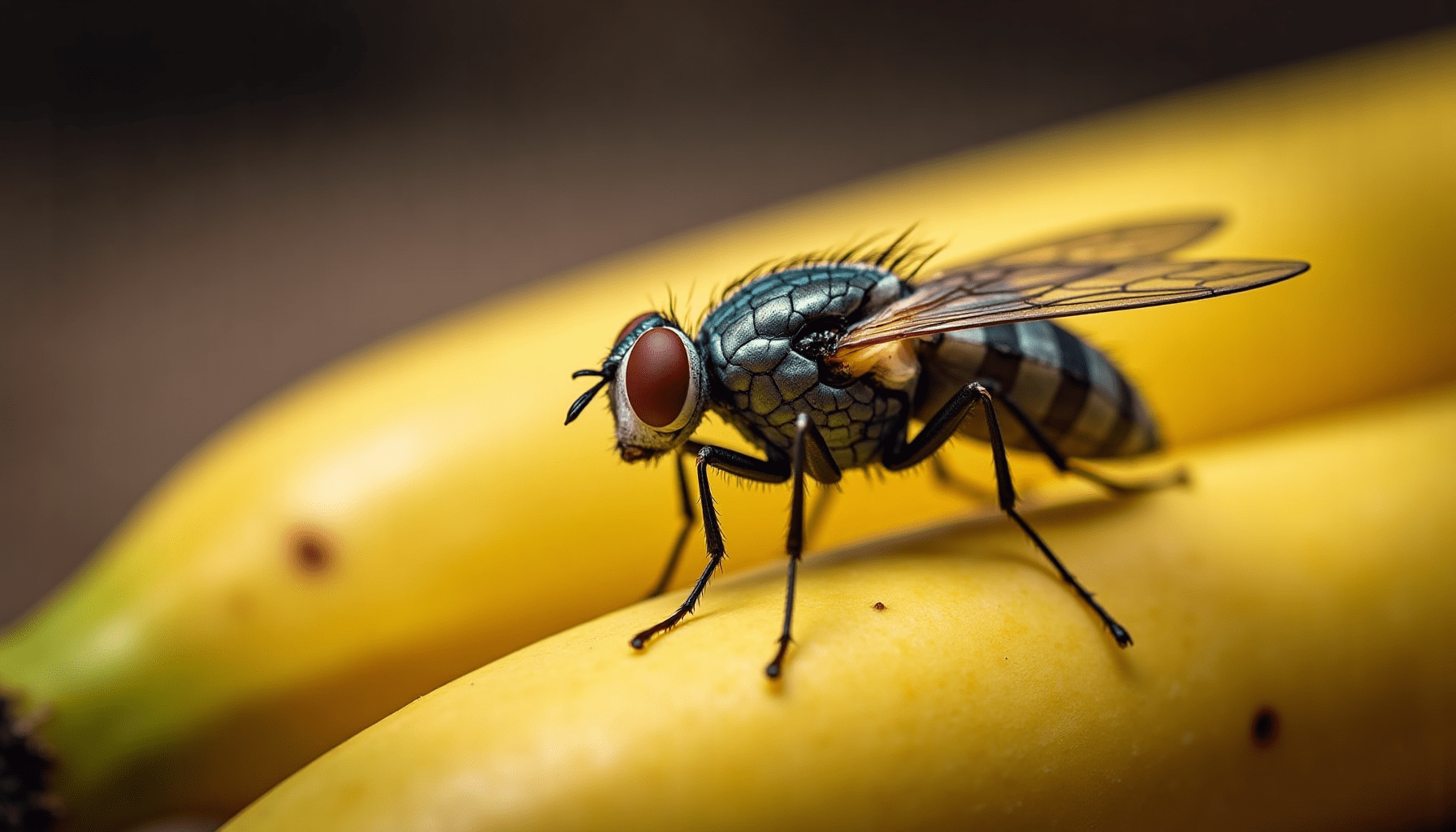 Close-up of a fruit fly on a banana, highlighting details for pest control insights.
