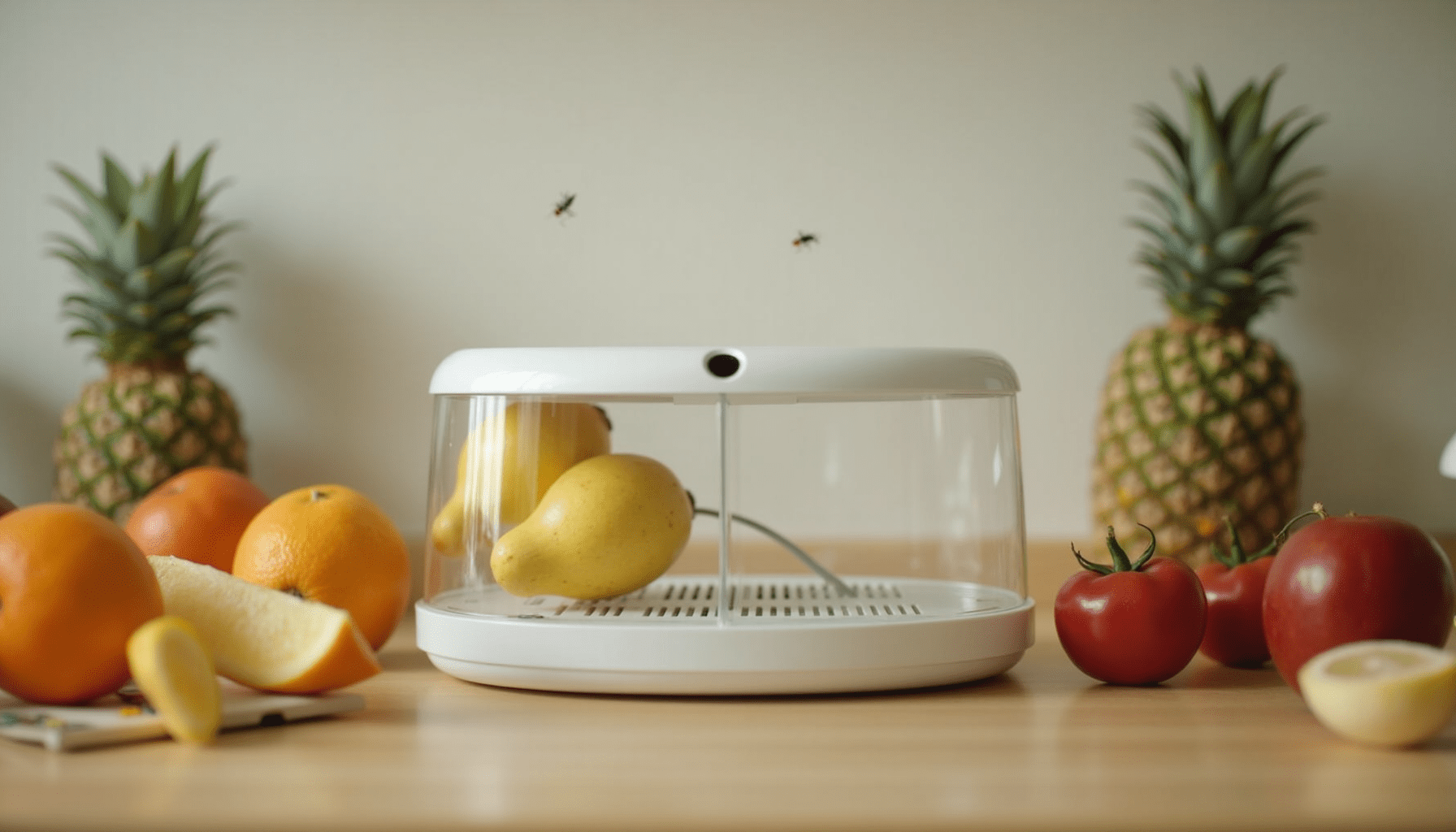 Kitchen scene with a fruit fly trap among fresh produce, showcasing pest control solutions.