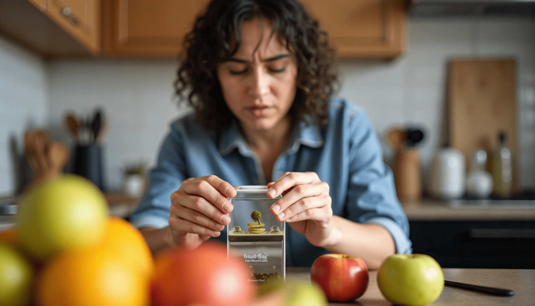 Person inspecting a fruit fly trap in the kitchen, emphasizing practical pest control.