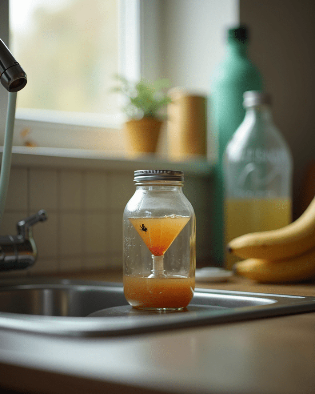 Fruit fly trap beside a clean kitchen sink and drain brush.