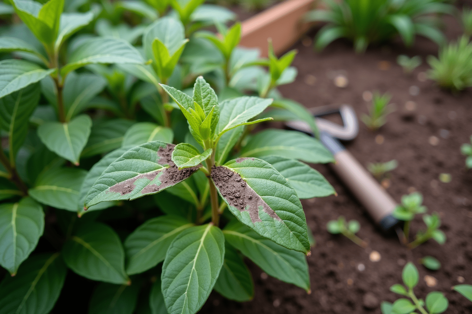 Garden scene showing grasshopper damage on plants, providing context for effective garden pest control solutions.