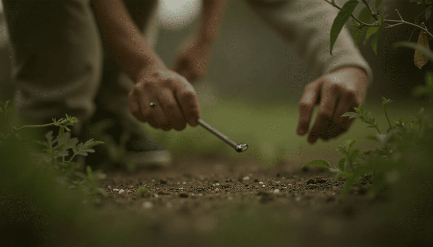Person inspecting a garden for grasshoppers, demonstrating practical pest control methods in a natural setting.