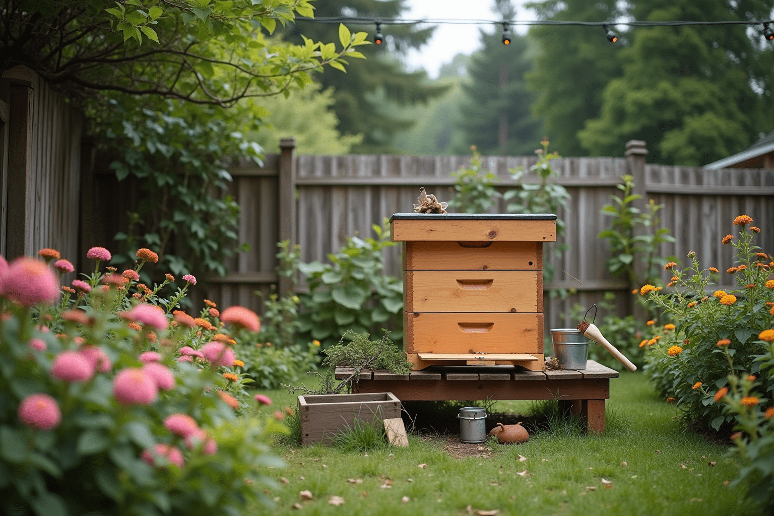 Backyard beekeeping setup with a wooden hive and blooming flowers.