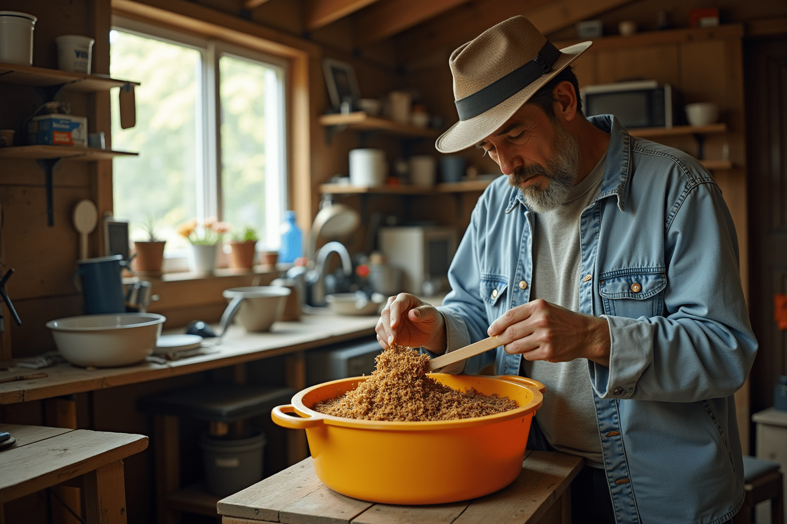 Home beekeeper examining a honey extractor in a cozy workshop.