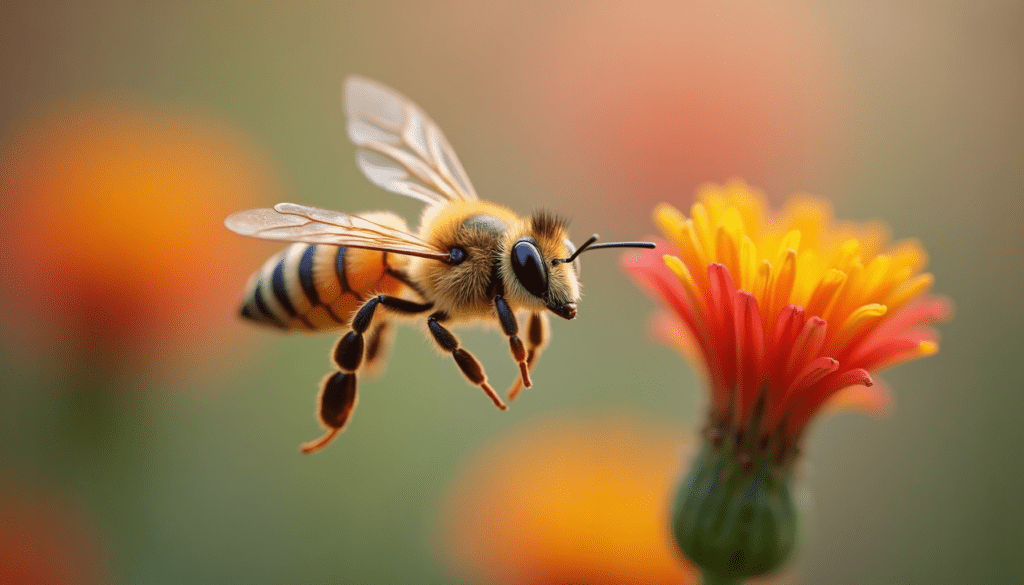 Close-up of a honey bee in flight, highlighting details of its wings and eyes.
