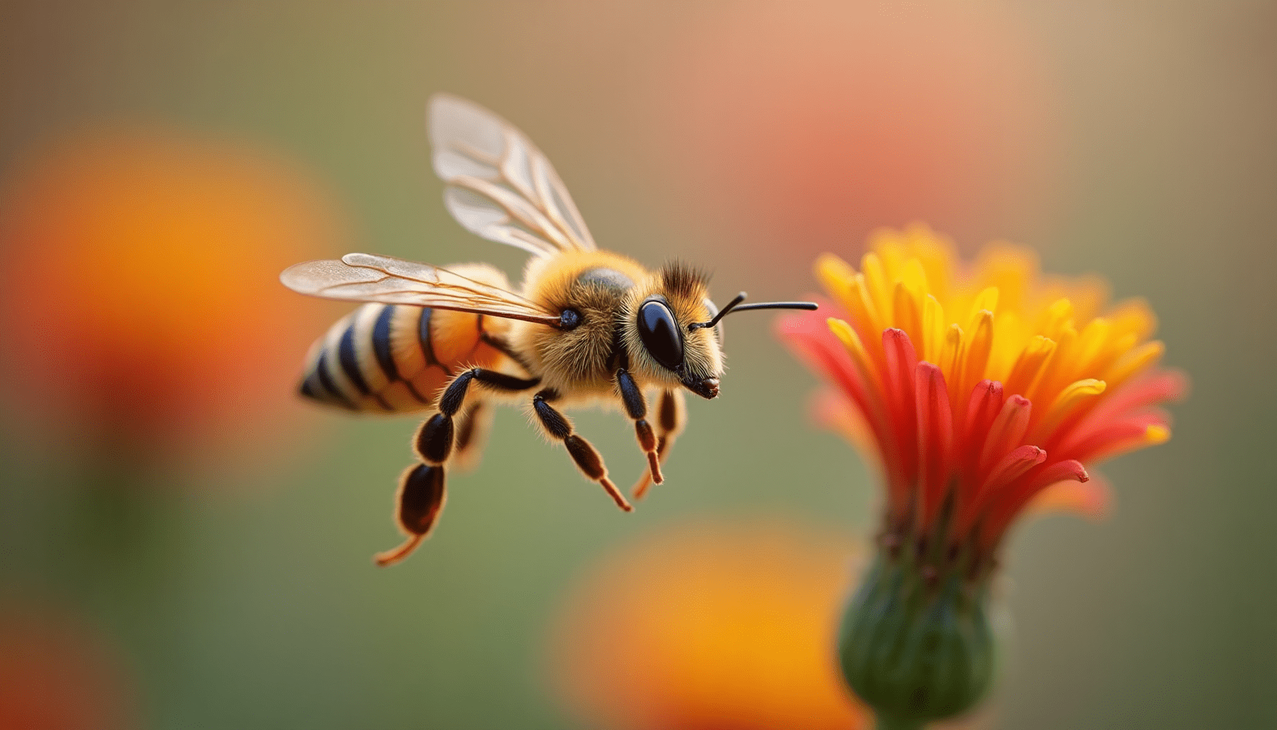 Close-up of a honey bee in flight, highlighting details of its wings and eyes.