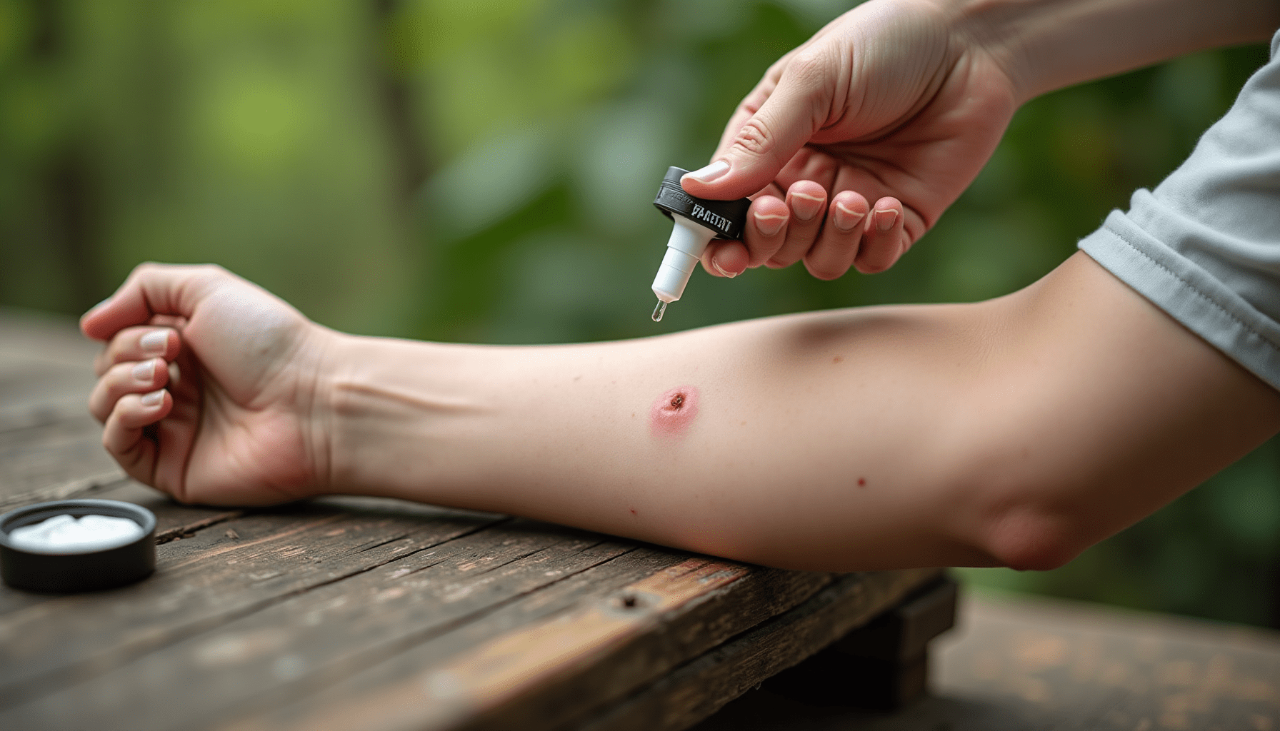 Person applying cream from an insect bite treatment kit to a bug bite on their arm during an outdoor activity.