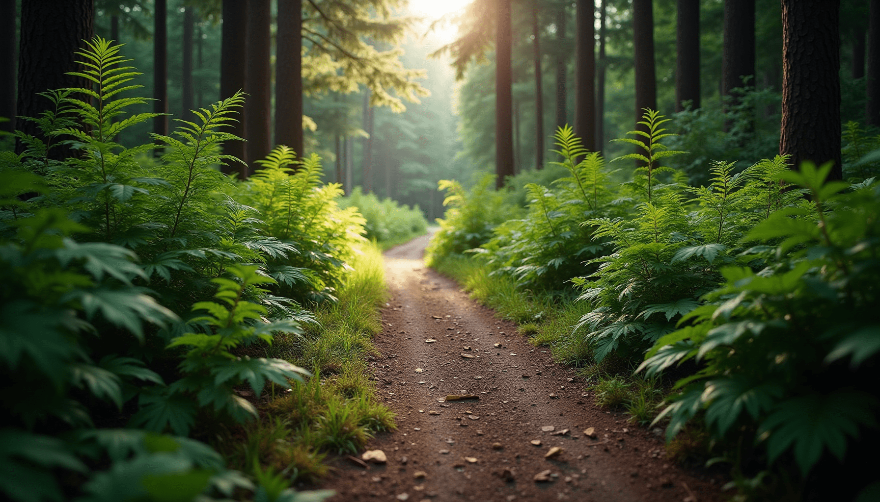 Winding forest path surrounded by lush greenery, a common habitat for insects, emphasizing outdoor bug bite relief.