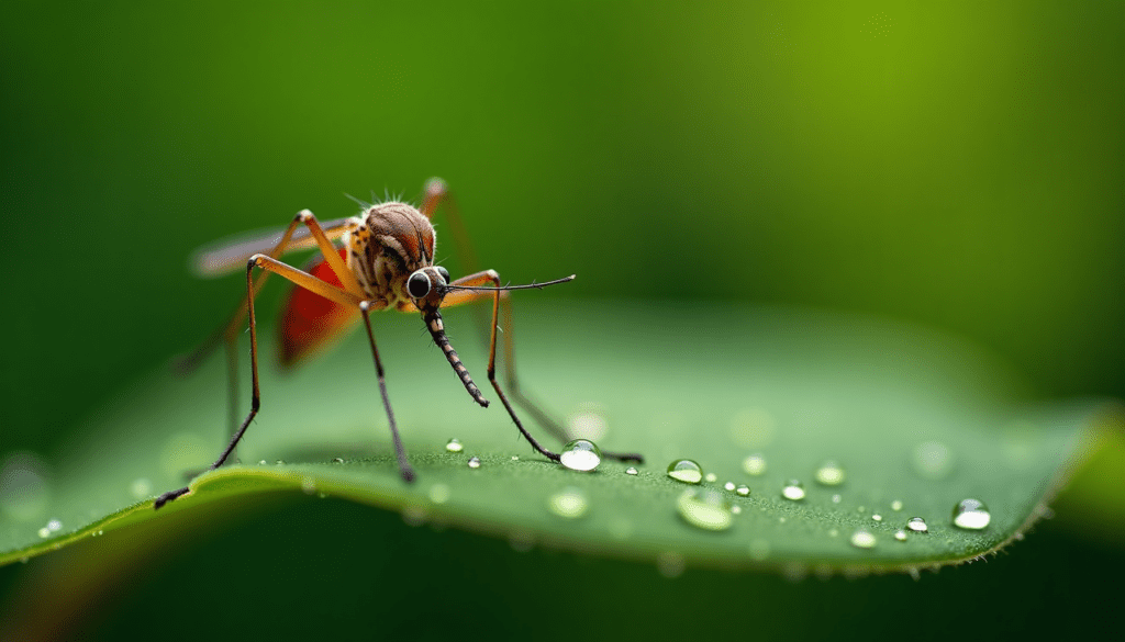 Extreme close-up of a mosquito on a green leaf, highlighting its intricate details, relevant for insect bite treatment kits.