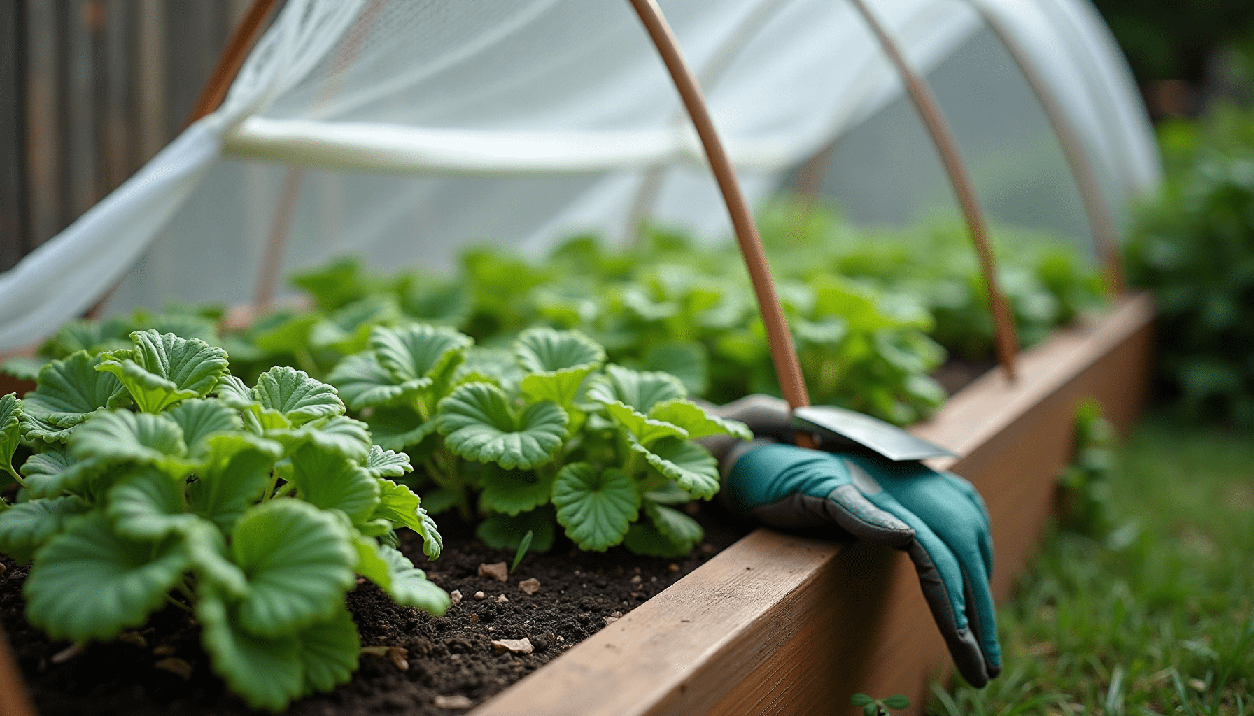 A garden bed with plants protected by insect netting, showcasing effective organic pest protection against common garden invaders.