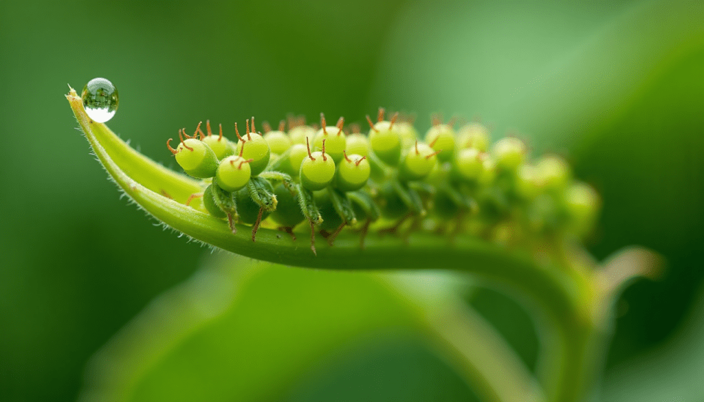 Close-up macro of green aphids on a pea leaf, illustrating a common garden pest that requires effective garden pest control.