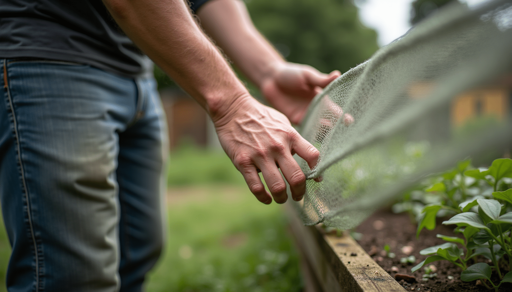 A gardener inspecting newly installed insect netting, demonstrating practical use of garden insect barriers for organic pest protection.
