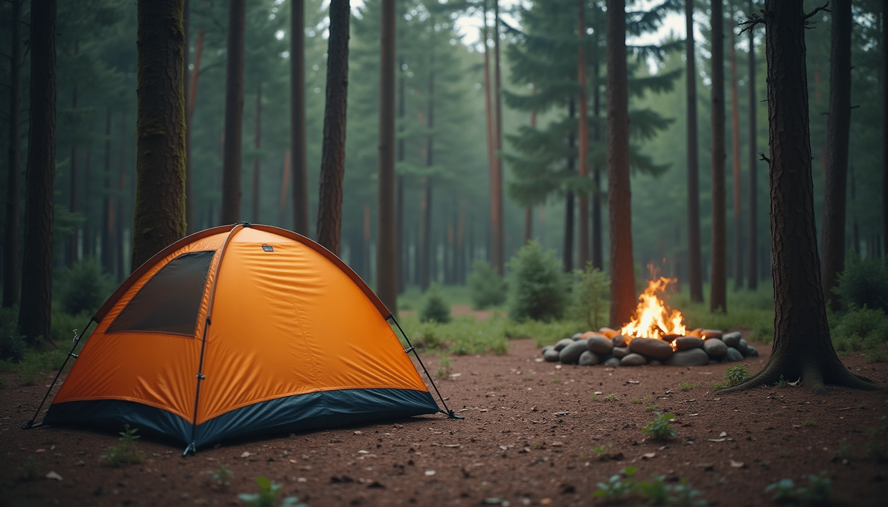 A modern insect-proof tent pitched in a tranquil forest campsite, emphasizing bug-proof camping gear.