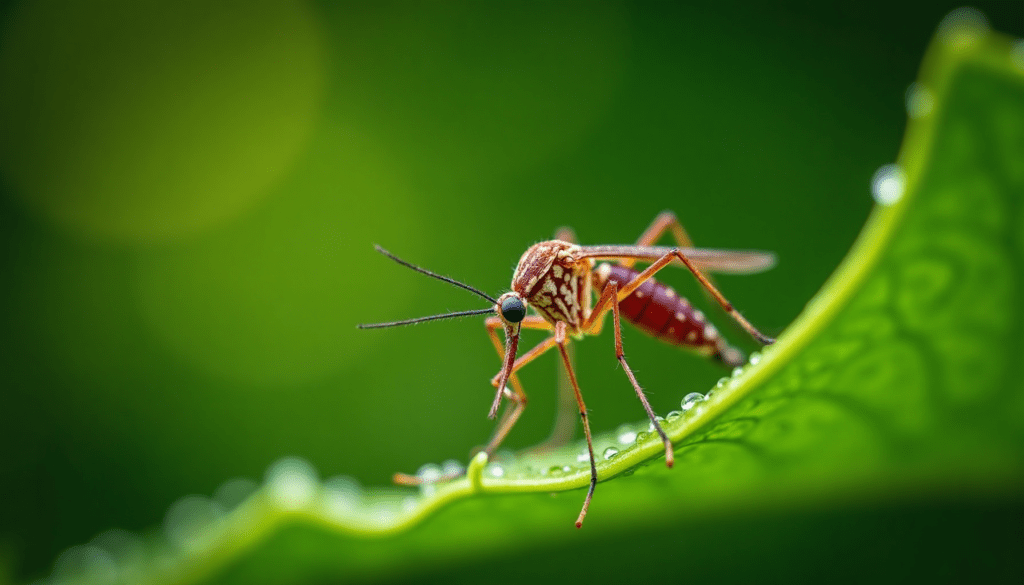 Close-up macro shot of a mosquito on a dewy green leaf, highlighting the need for insect-proof tents.