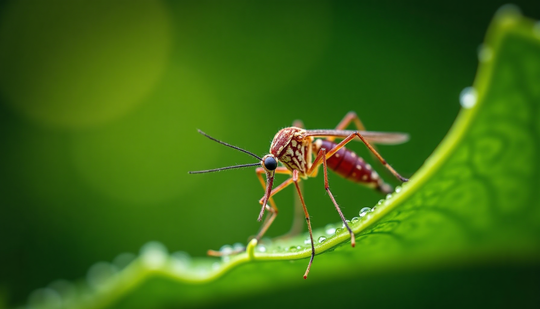 Close-up macro shot of a mosquito on a dewy green leaf, highlighting the need for insect-proof tents.
