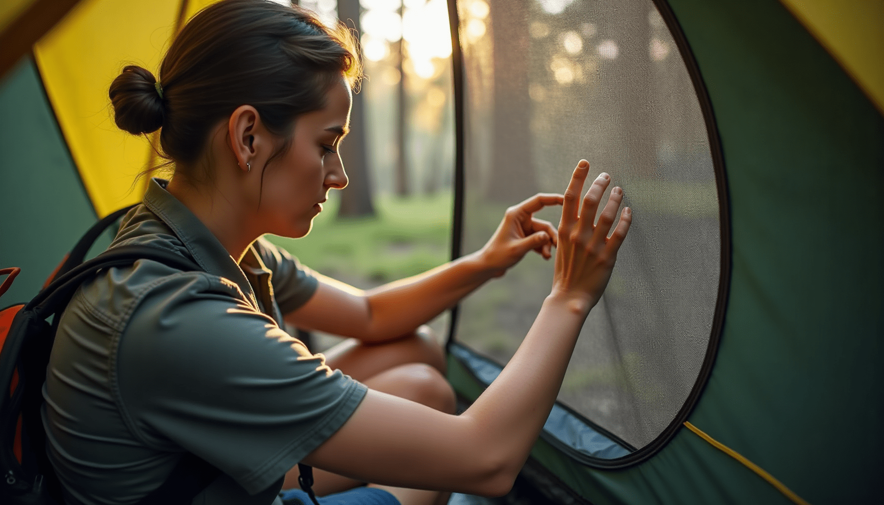 Person inspecting the fine mesh of an insect-proof tent door at a campsite, highlighting outdoor insect protection.