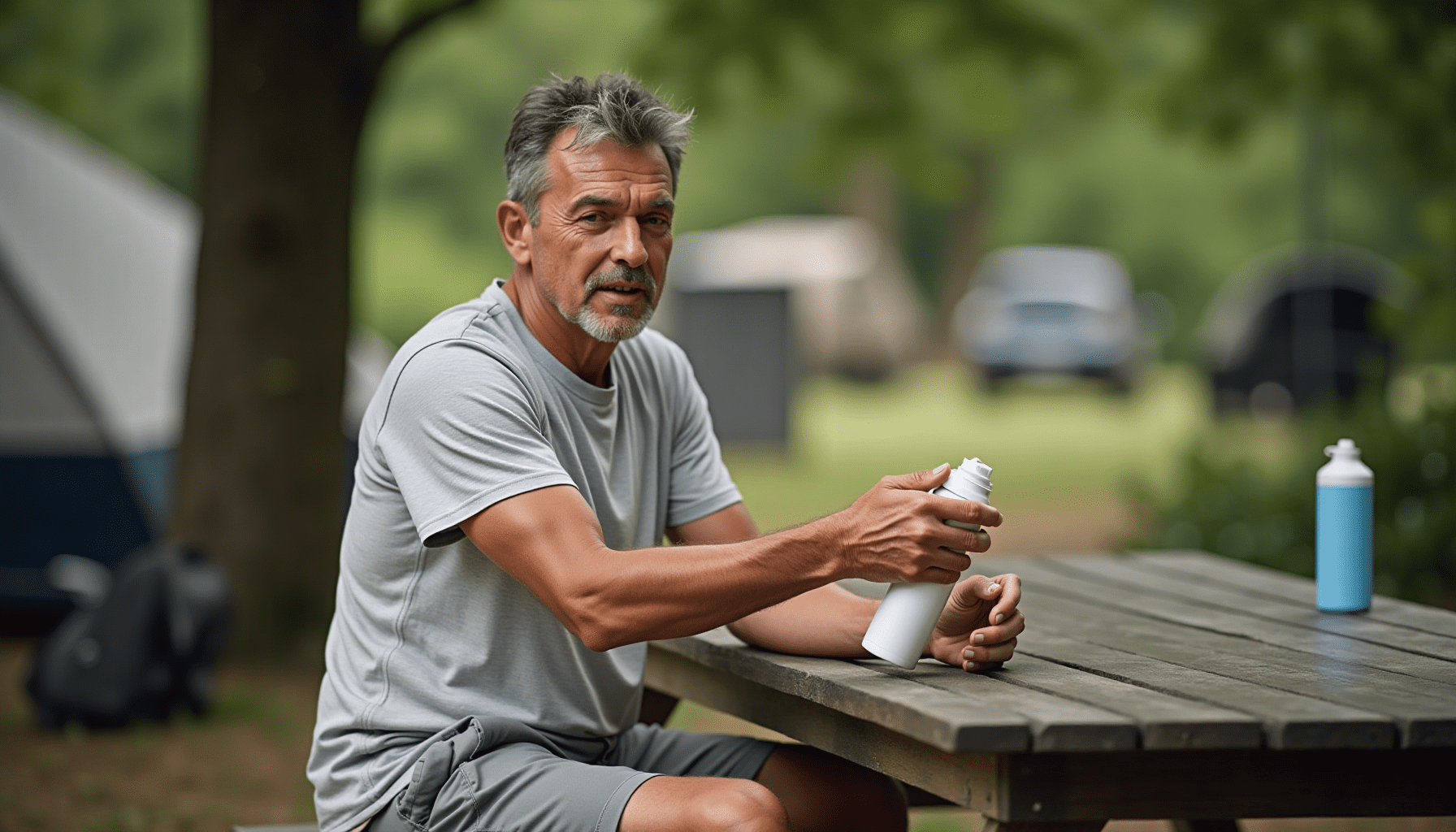 A person in casual outdoor clothing applies the best insect repellent for camping to their arm, emphasizing practical outdoor insect protection.