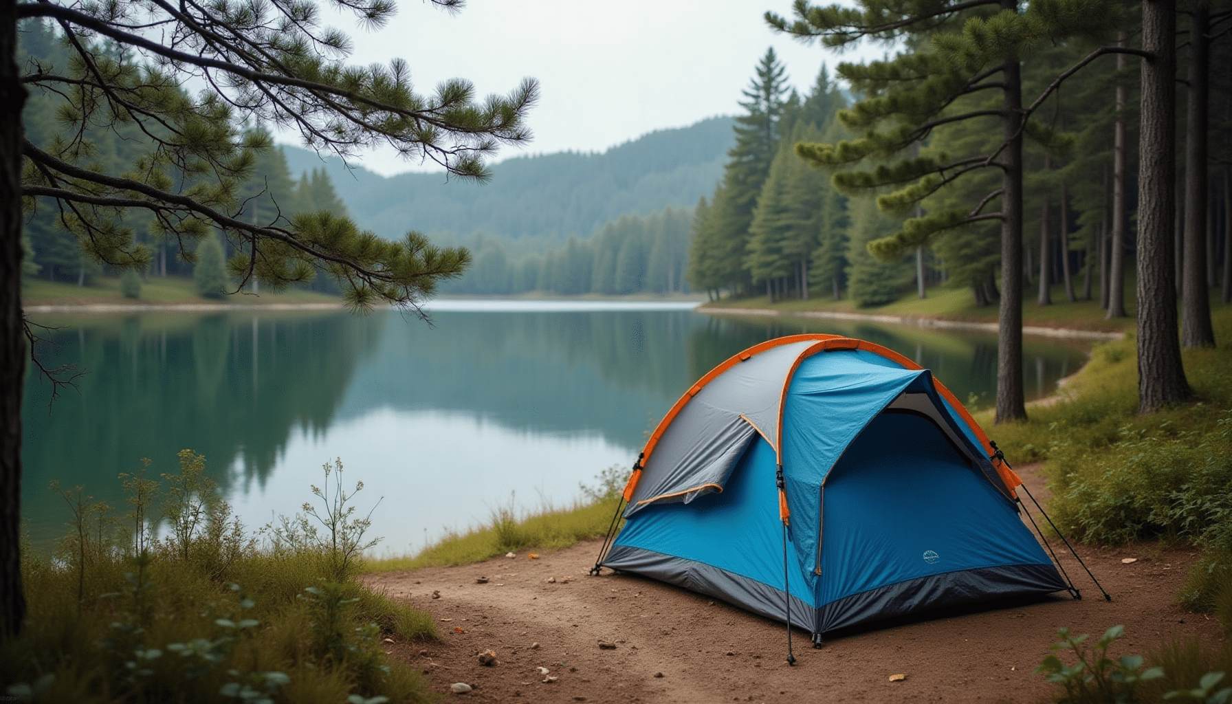 A serene campsite by a lake surrounded by trees under overcast light, illustrating a typical environment where camping bug spray is essential.
