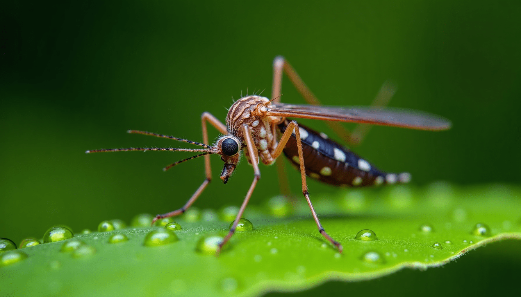 A close-up macro photograph of a mosquito on a green leaf, highlighting its intricate details, crucial for understanding outdoor insect protection.