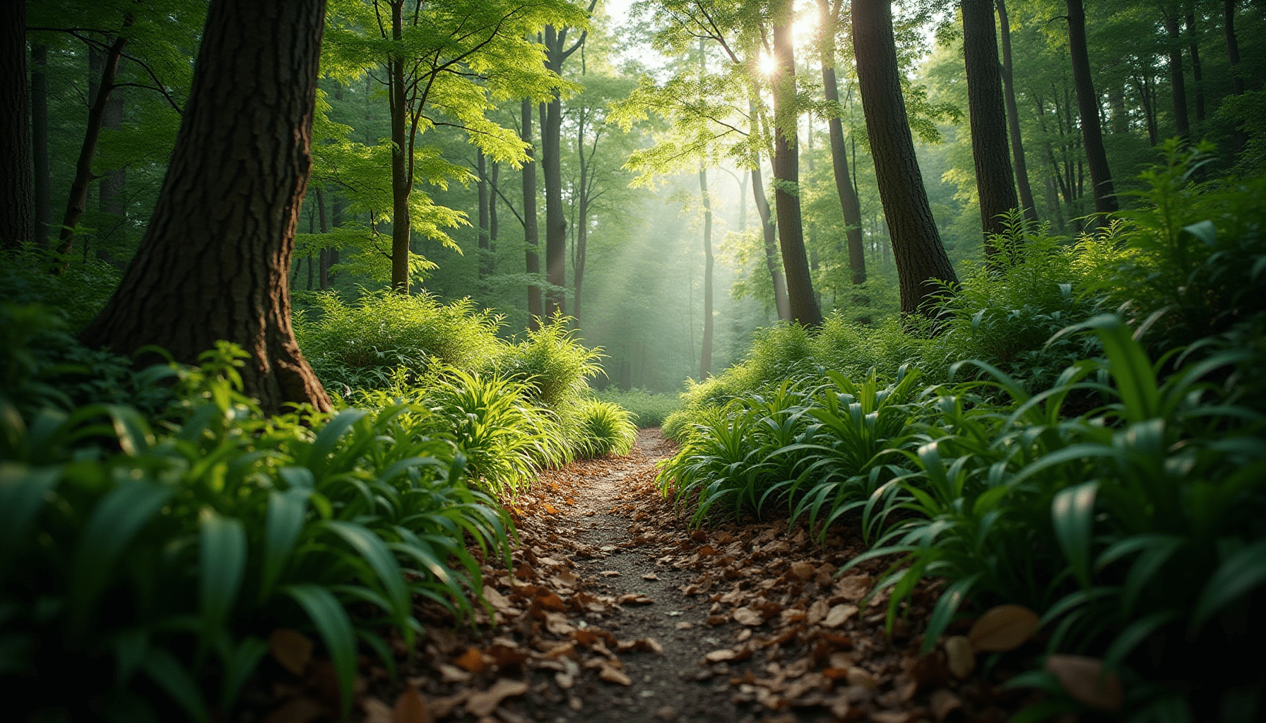Dense forest edge with tall grass and ferns, a typical habitat where outdoor insect protection is vital.