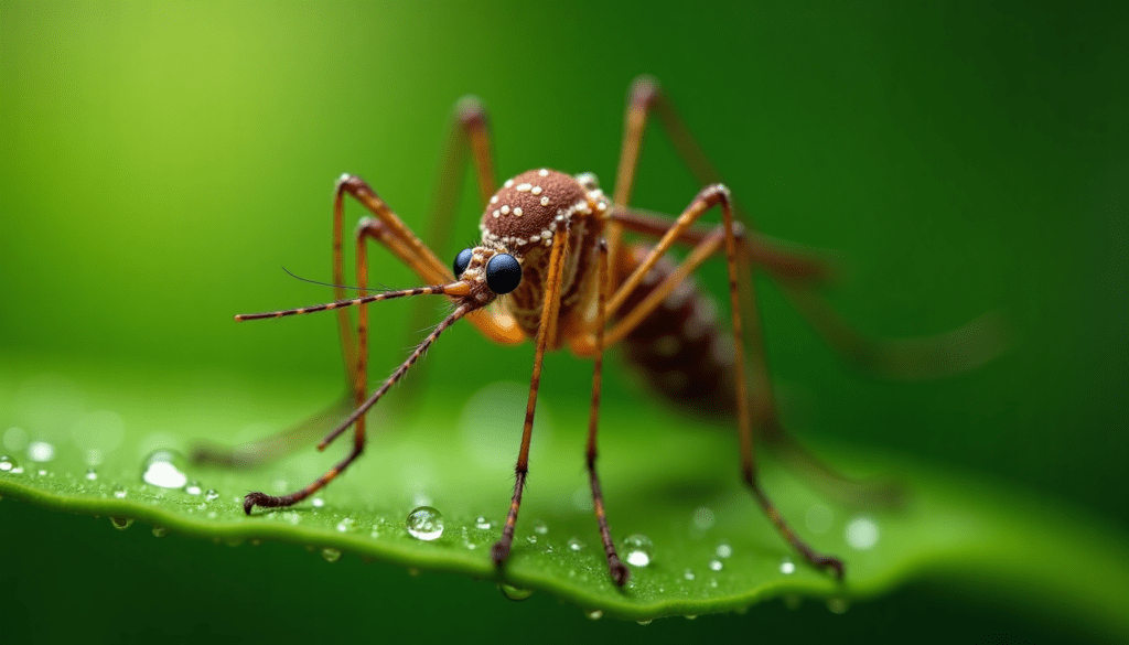 Stunning macro photo of a mosquito resting on a dewy green leaf, highlighting the need for insect repellent clothing.