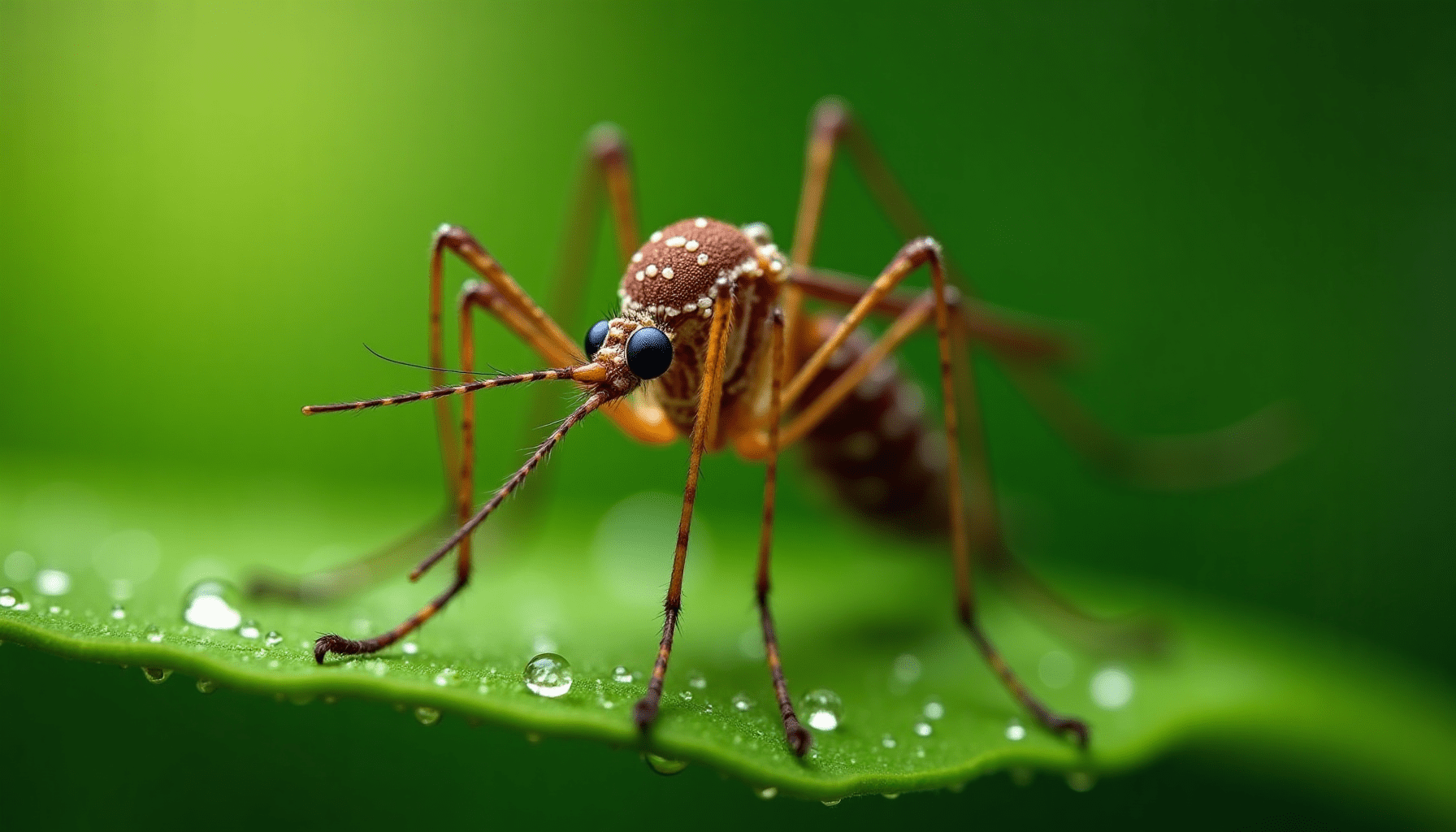 Stunning macro photo of a mosquito resting on a dewy green leaf, highlighting the need for insect repellent clothing.