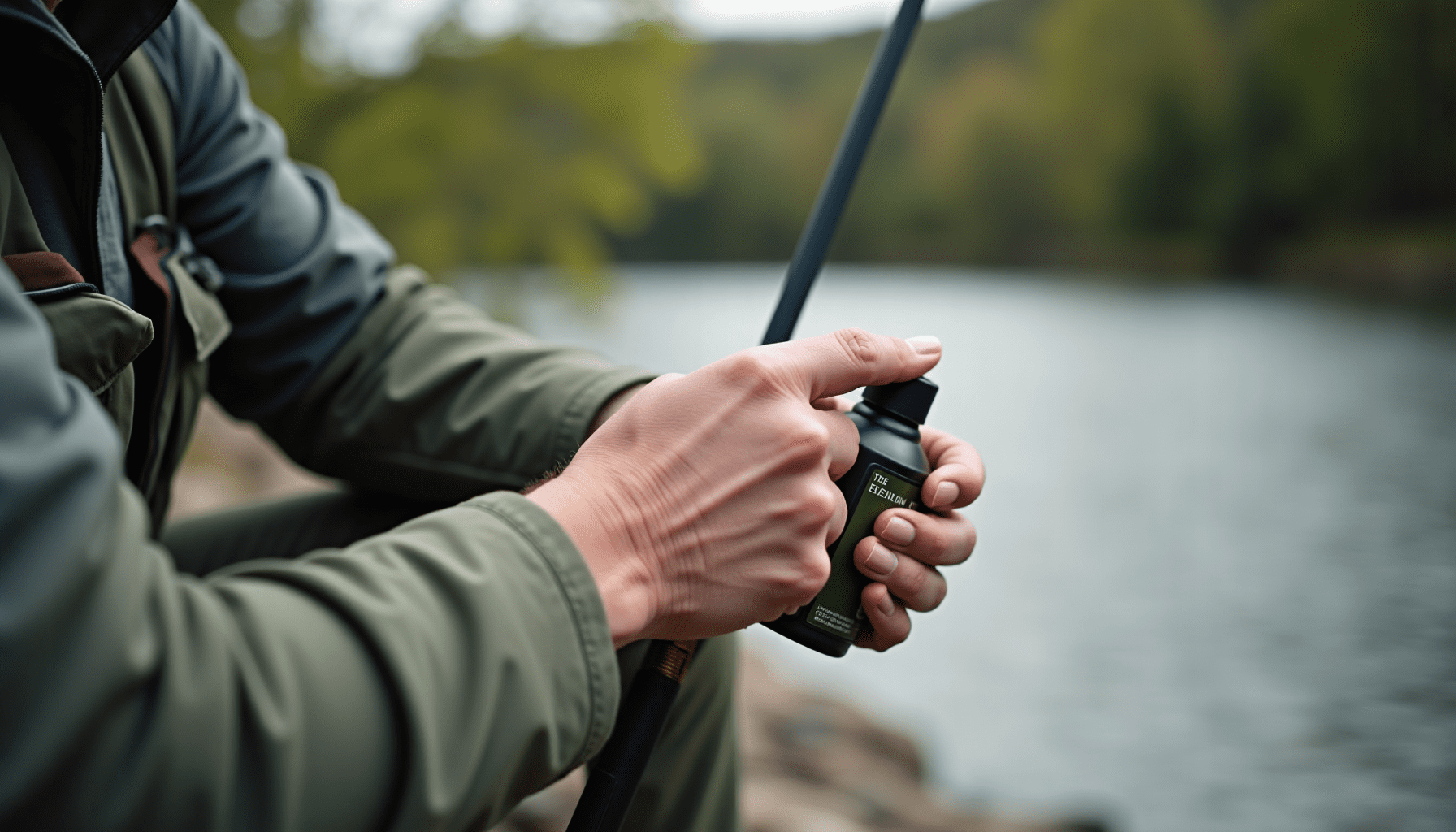 An angler applies insect repellent to their arm while fishing, demonstrating practical insect protection for fishing trips.