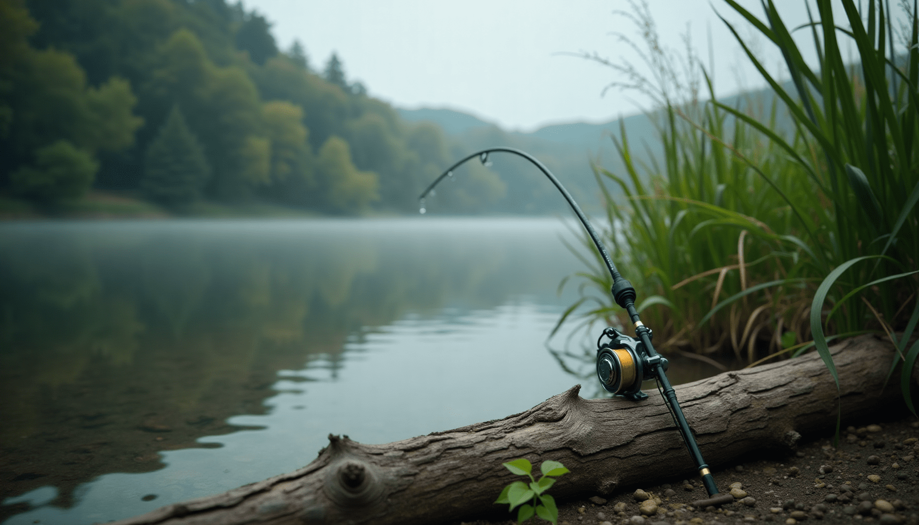 Peaceful lake scene with a fishing rod on the bank, illustrating the habitat where anglers need insect repellent for fishing.
