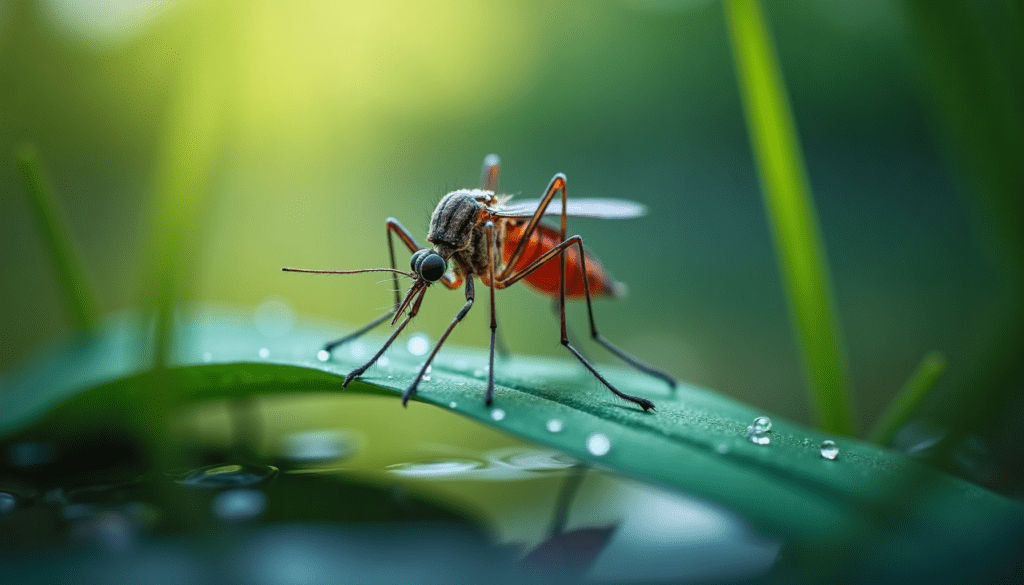 Stunning macro photograph of a mosquito on a dew-kissed blade of grass, highlighting insects encountered while fishing.