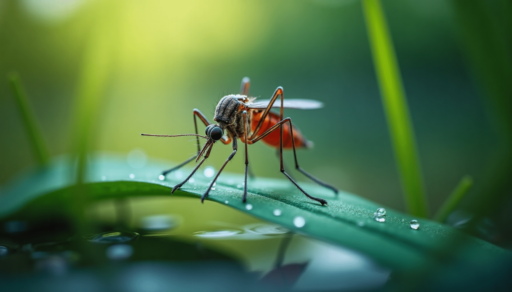 Stunning macro photograph of a mosquito on a dew-kissed blade of grass, highlighting insects encountered while fishing.