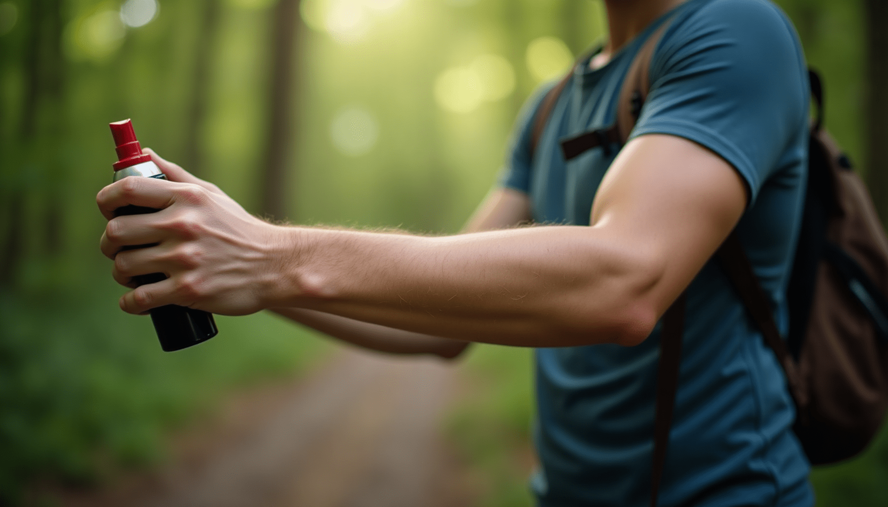 Person applying bug spray to their arm on a hiking trail, emphasizing practical outdoor insect protection for backpacking.