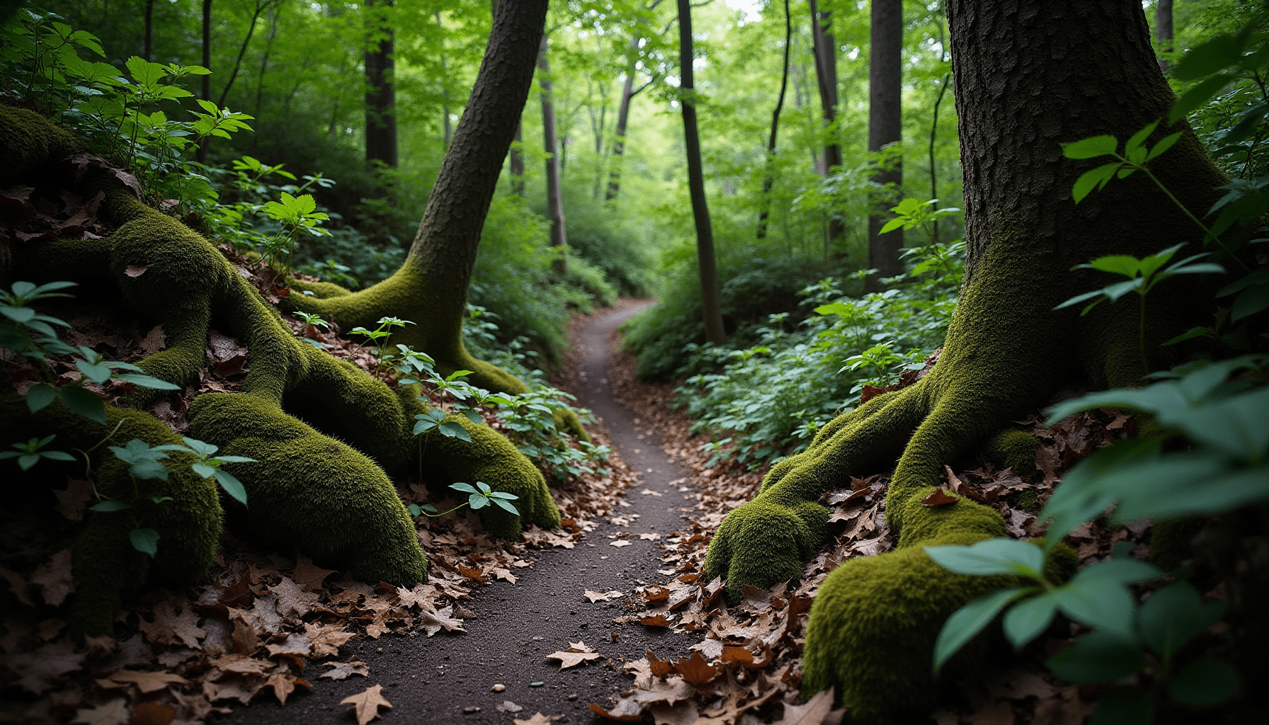 Dense forest hiking trail with lush undergrowth, suggesting tick repellent and outdoor insect protection needs.
