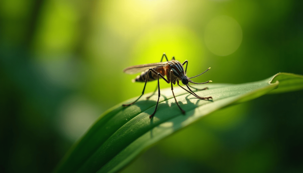 Dramatic macro photo of a mosquito on a green leaf, showcasing intricate details, for best insect repellent hiking.